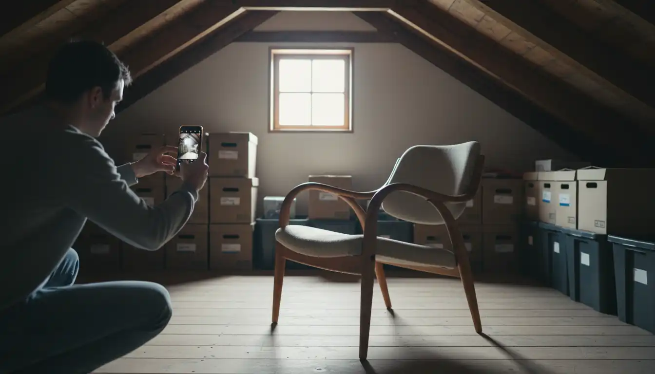 A person using a smartphone to photograph a vintage wooden chair in a sunlit attic storage space.