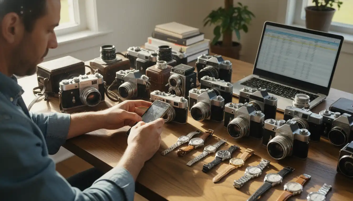Person photographing a vintage camera with a smartphone on a desk filled with various collectibles.
