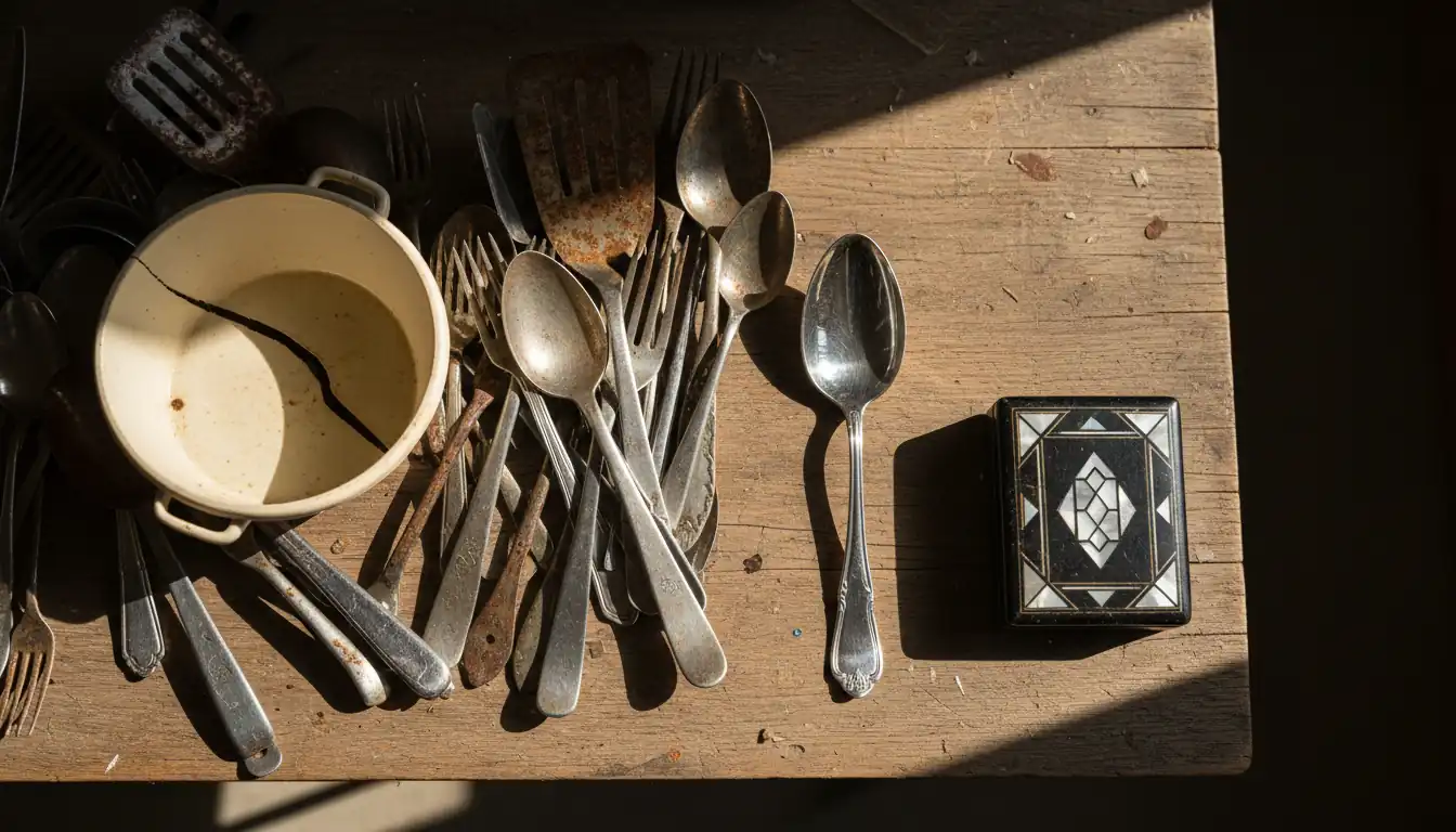 A collection of rusted kitchen tools next to a silver spoon and vintage jewelry box on a wooden table.