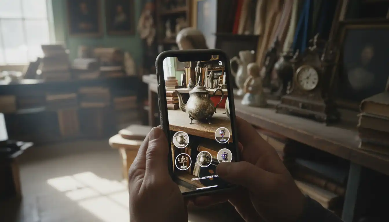 A person using a smartphone app to identify a vintage silver teapot in an antique shop.
