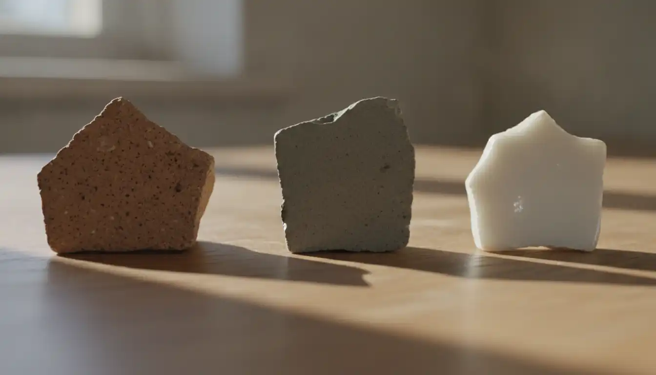 Macro shot of three antique pottery shards showing different clay textures on a wooden surface.