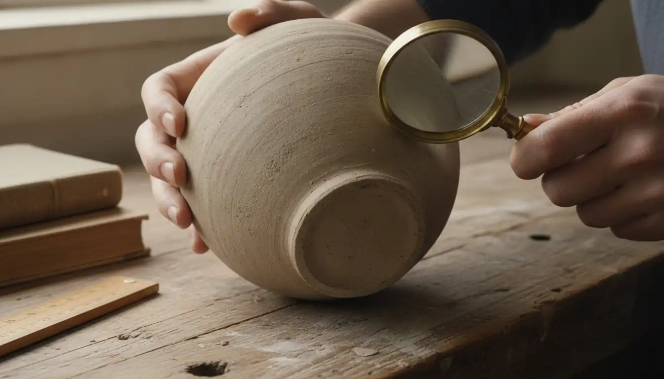 Close-up of hands using a magnifying glass to inspect the base of an unmarked antique ceramic vase.