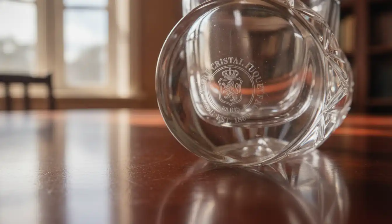 Close-up of an acid-etched maker's mark on the base of a vintage crystal decanter.