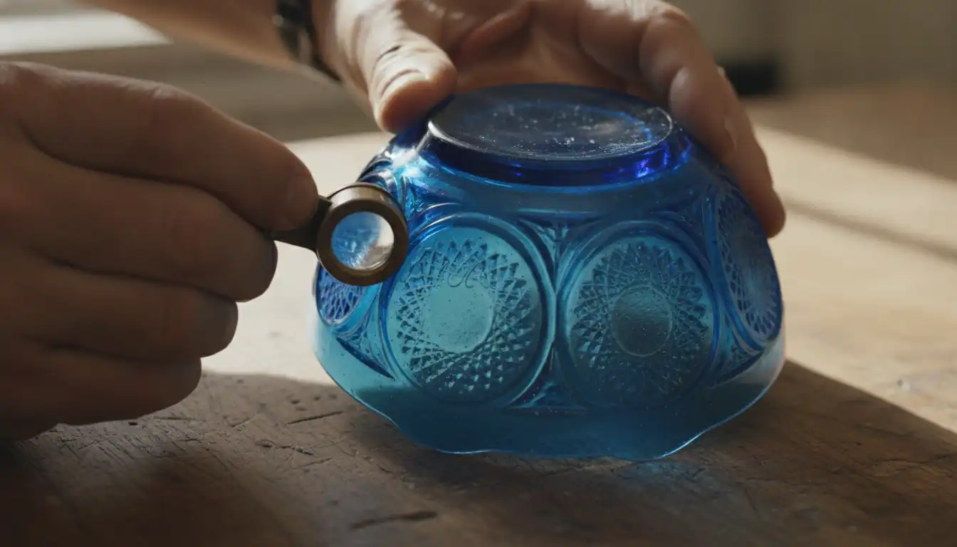 Close-up of hands using a jeweler's loupe to inspect a signature on the base of a blue glass bowl.