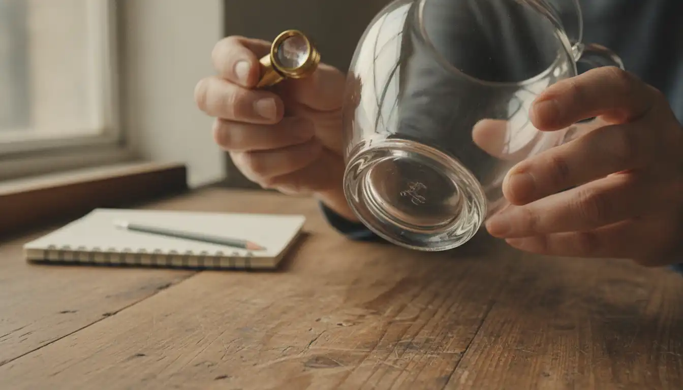 An appraiser using a magnifying loupe to inspect the mark on the bottom of an antique glass pitcher.