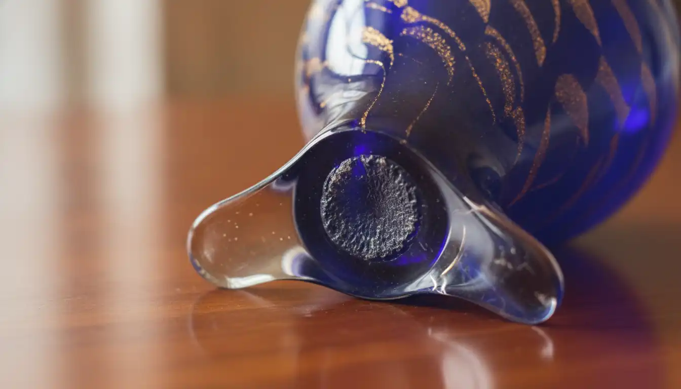 Close-up of a Murano glass vase base showing a hand-finished pontil mark on a wooden surface.