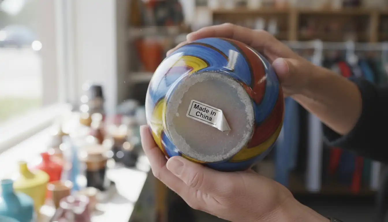 Close-up of a colorful glass vase base with a 'Made in China' sticker in a thrift store.
