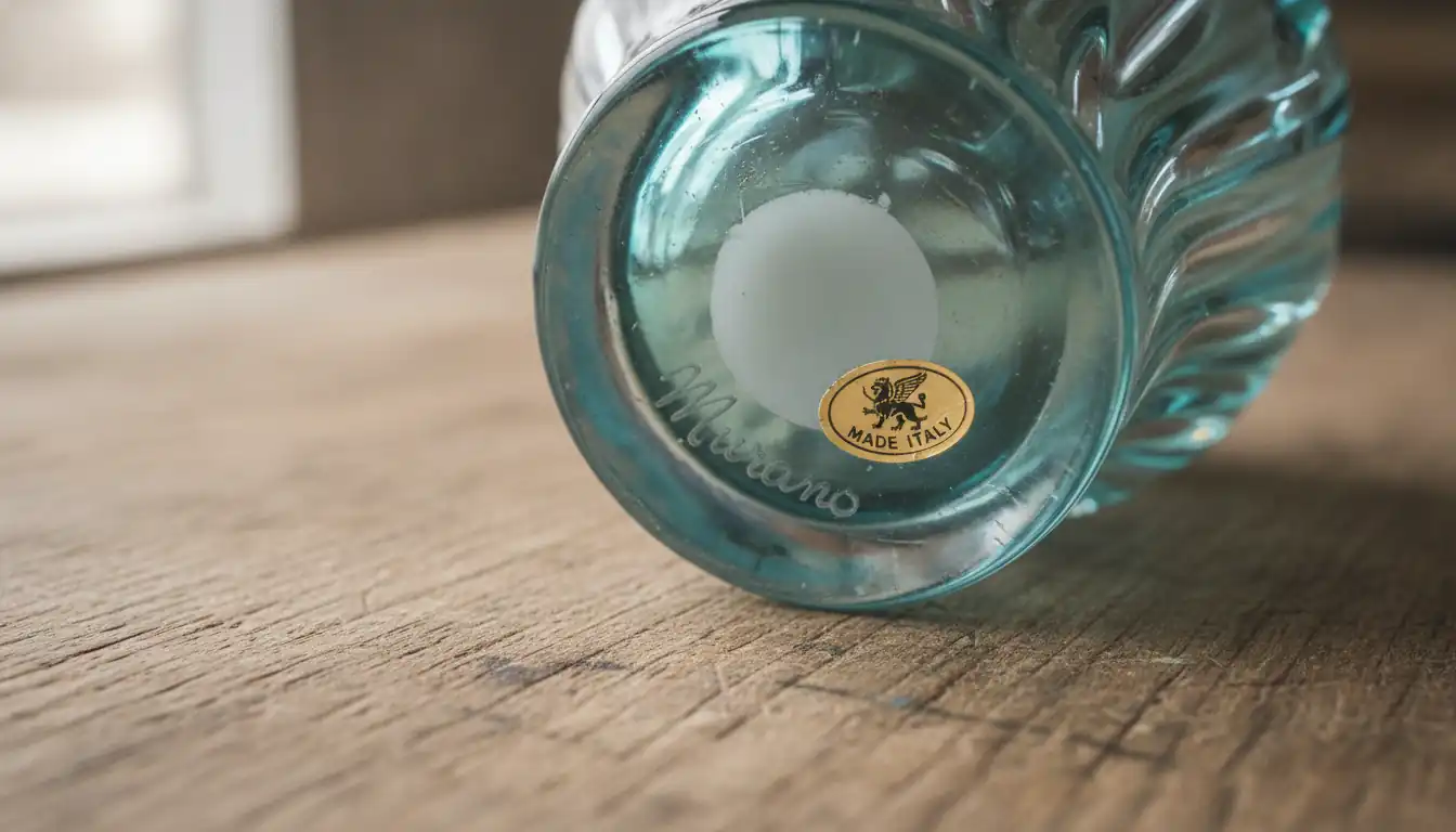 Macro shot of a Murano glass vase base showing an etched signature, gold foil label, and pontil mark.