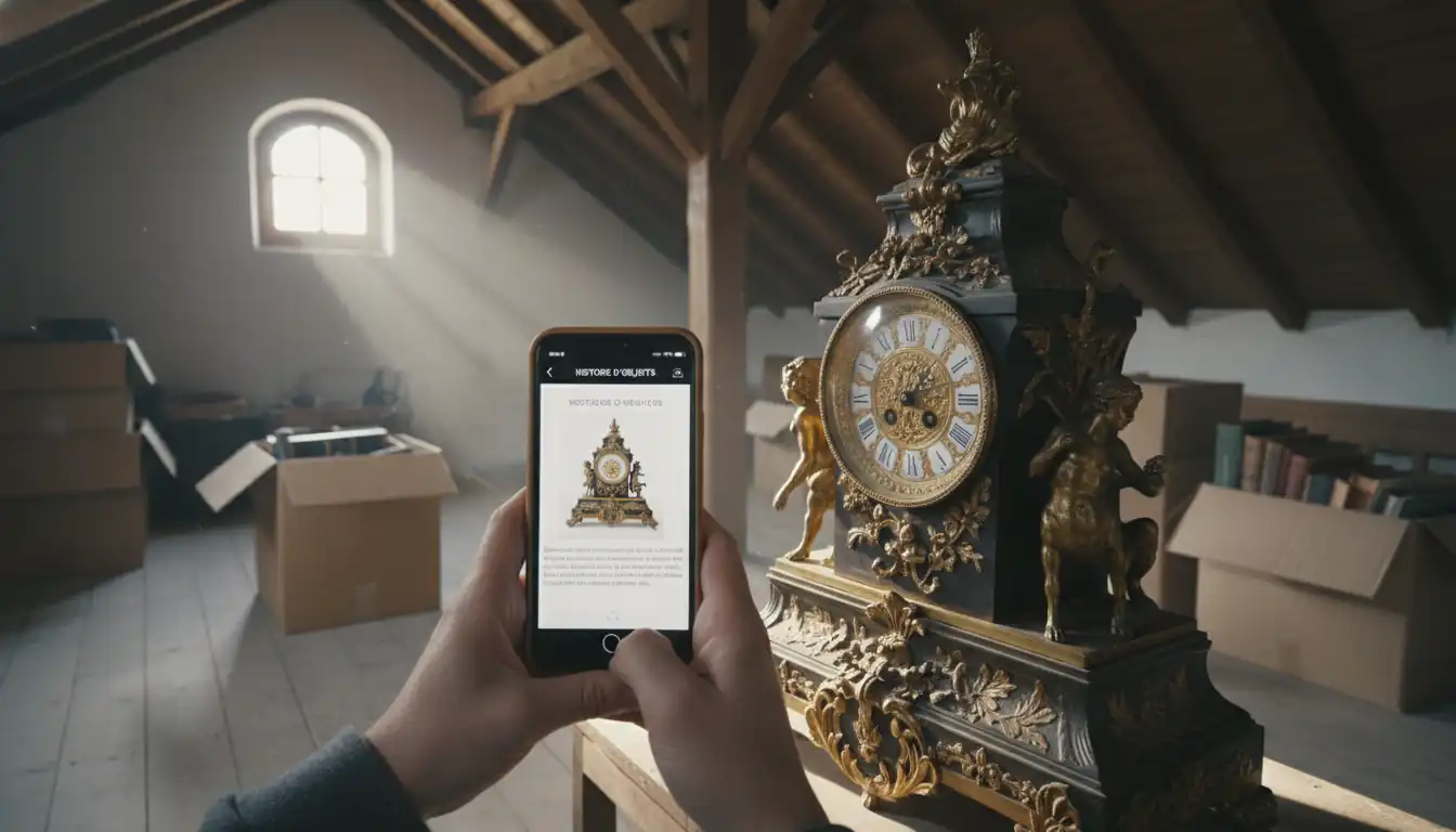 A person using a smartphone app to identify an antique mantel clock in a sunlit attic.