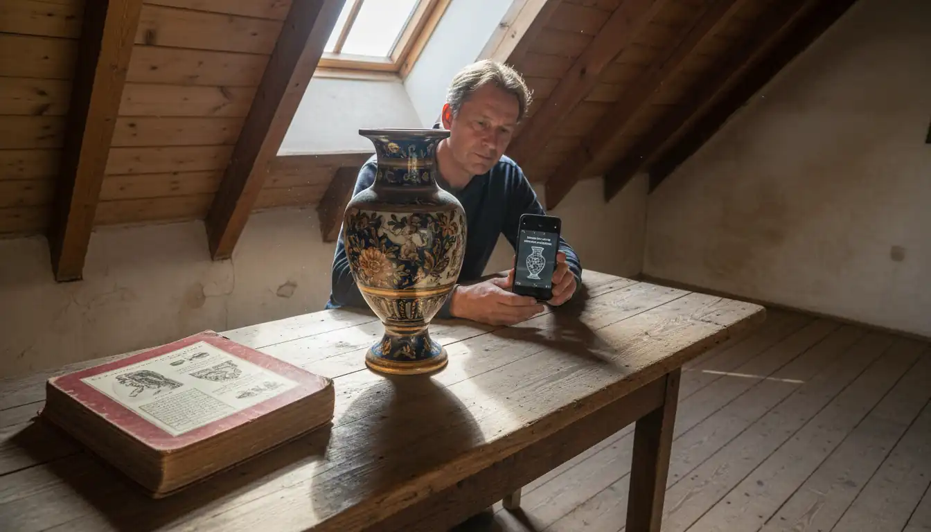 A person comparing an antique vase to a reference book while scanning it with a smartphone in an attic.