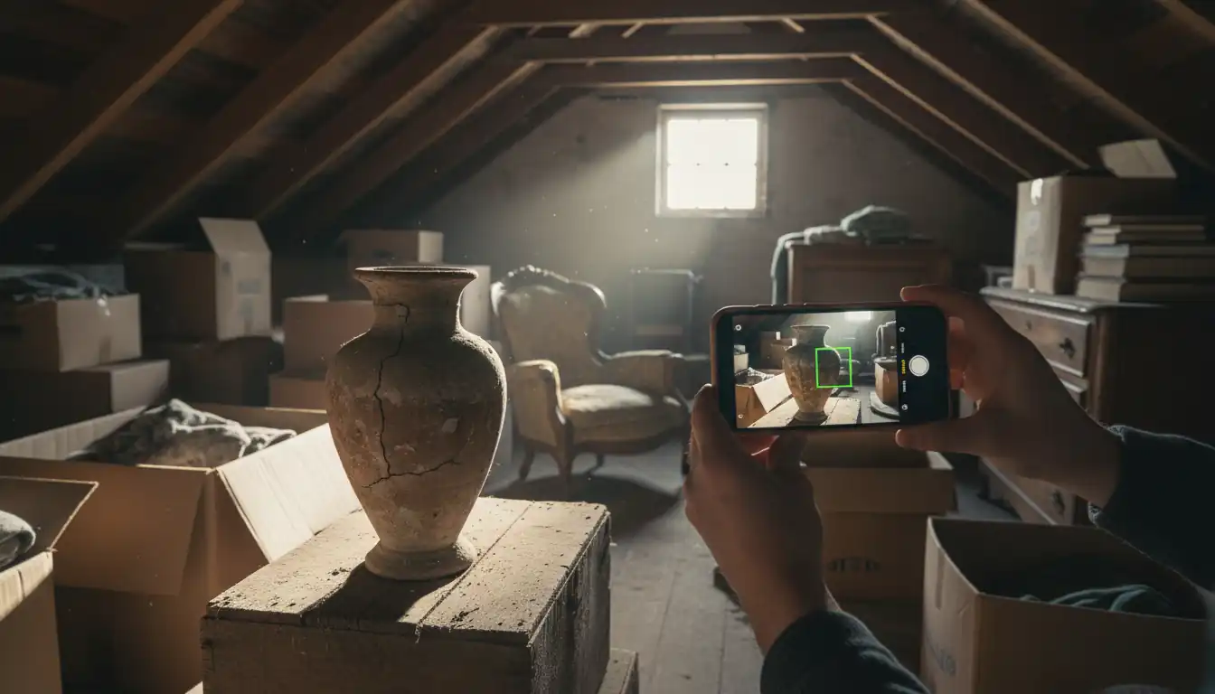 A person using a smartphone to identify a vintage ceramic vase in a sunlit attic.