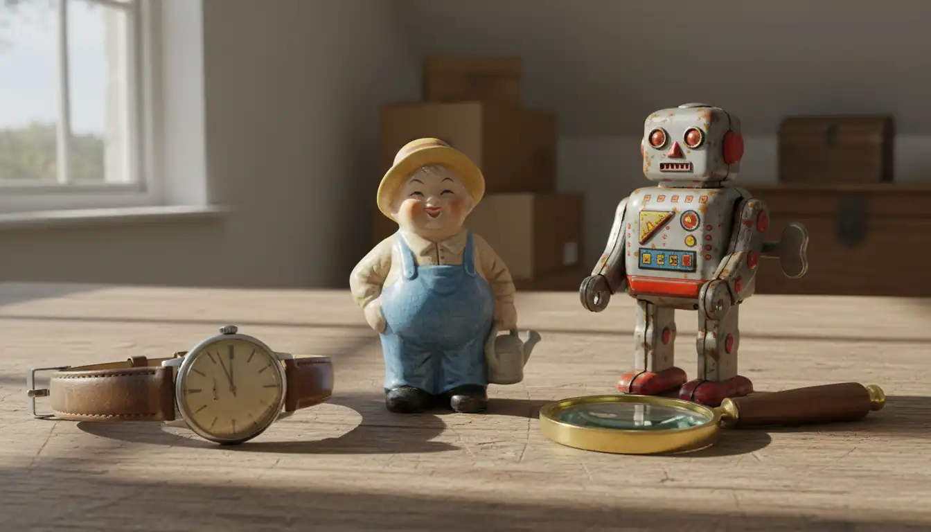 Vintage collectibles including a mechanical watch and tin toy robot on a wooden table in a sunlit attic.