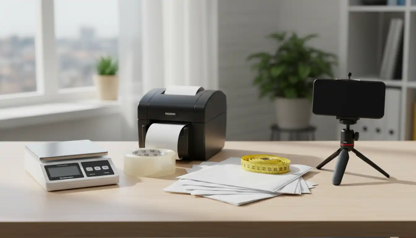 A professional reseller's desk featuring a shipping scale, thermal printer, measuring tape, and packaging supplies in a home office.