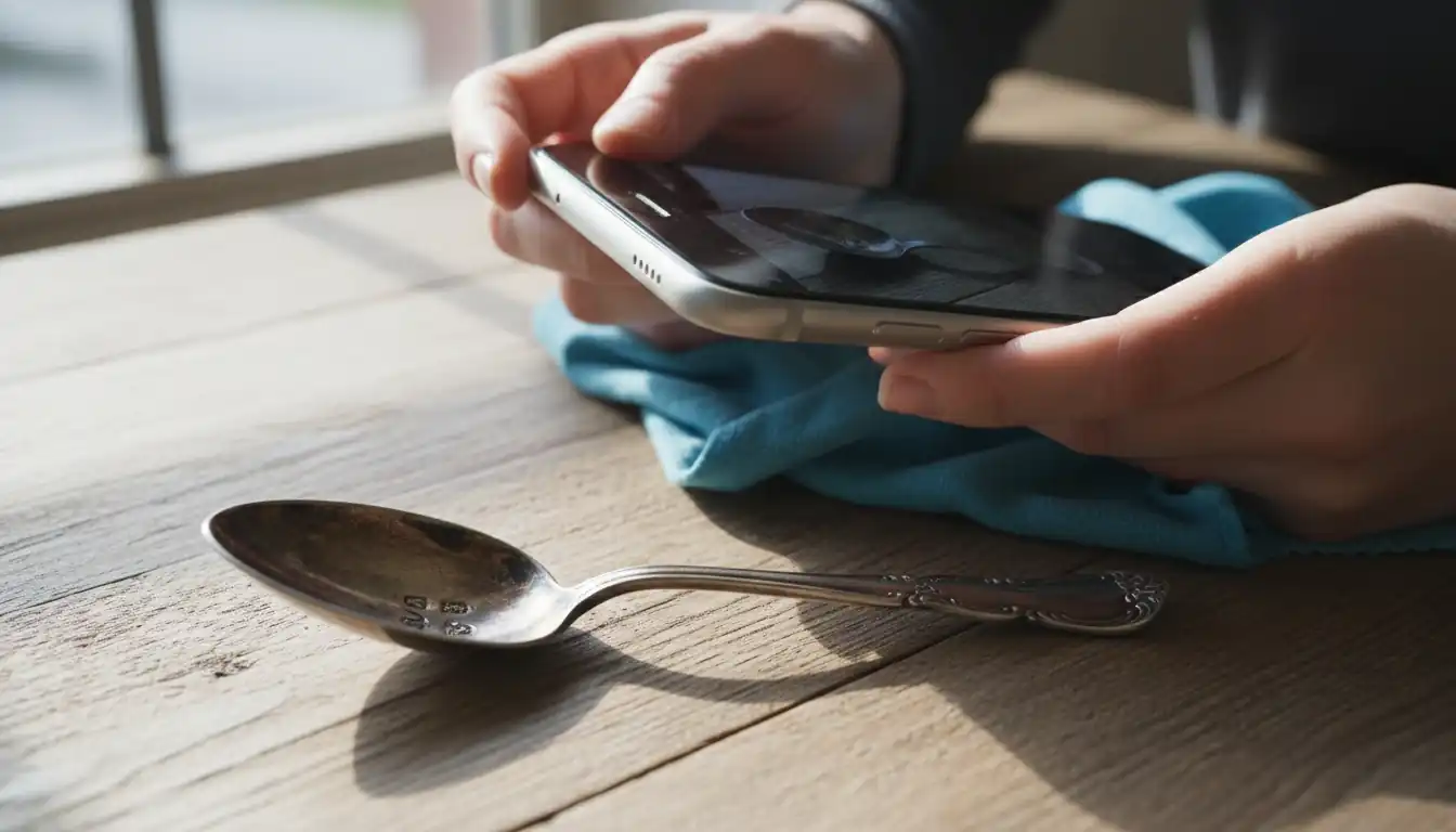 A person using a smartphone to photograph hallmarks on an antique silver spoon on a wooden table.