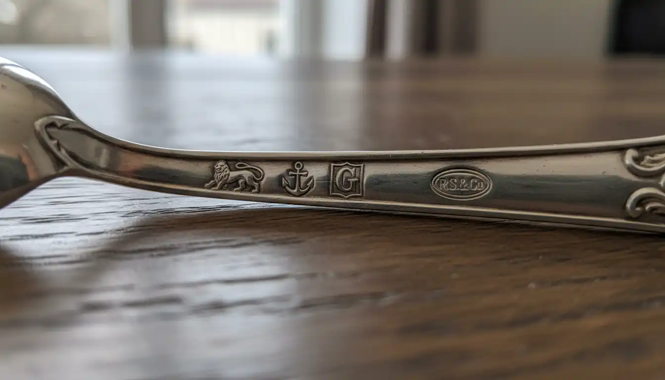 Macro shot of four distinct hallmarks stamped into the silver handle of a vintage spoon.