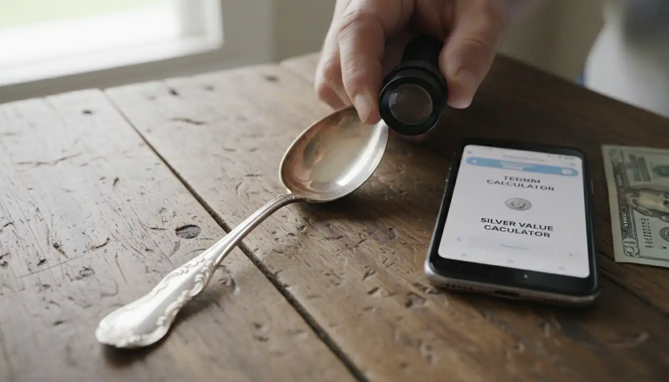 Close-up of hands using a jeweler's loupe to inspect a silver spoon's hallmark next to cash.
