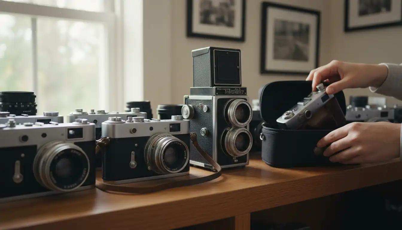 A collection of vintage film cameras being organized and placed into protective cases on a wooden shelf.