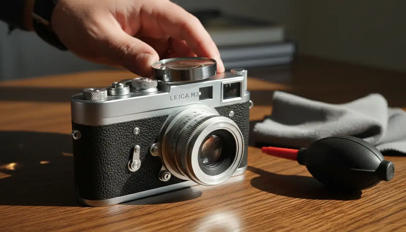 Close-up of a vintage Leica camera on a wooden desk being inspected with a magnifying glass.