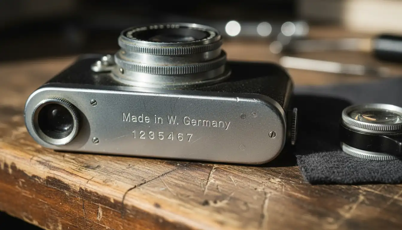 Close-up of a vintage camera's serial number and 'Made in Germany' engraving on a wooden desk.