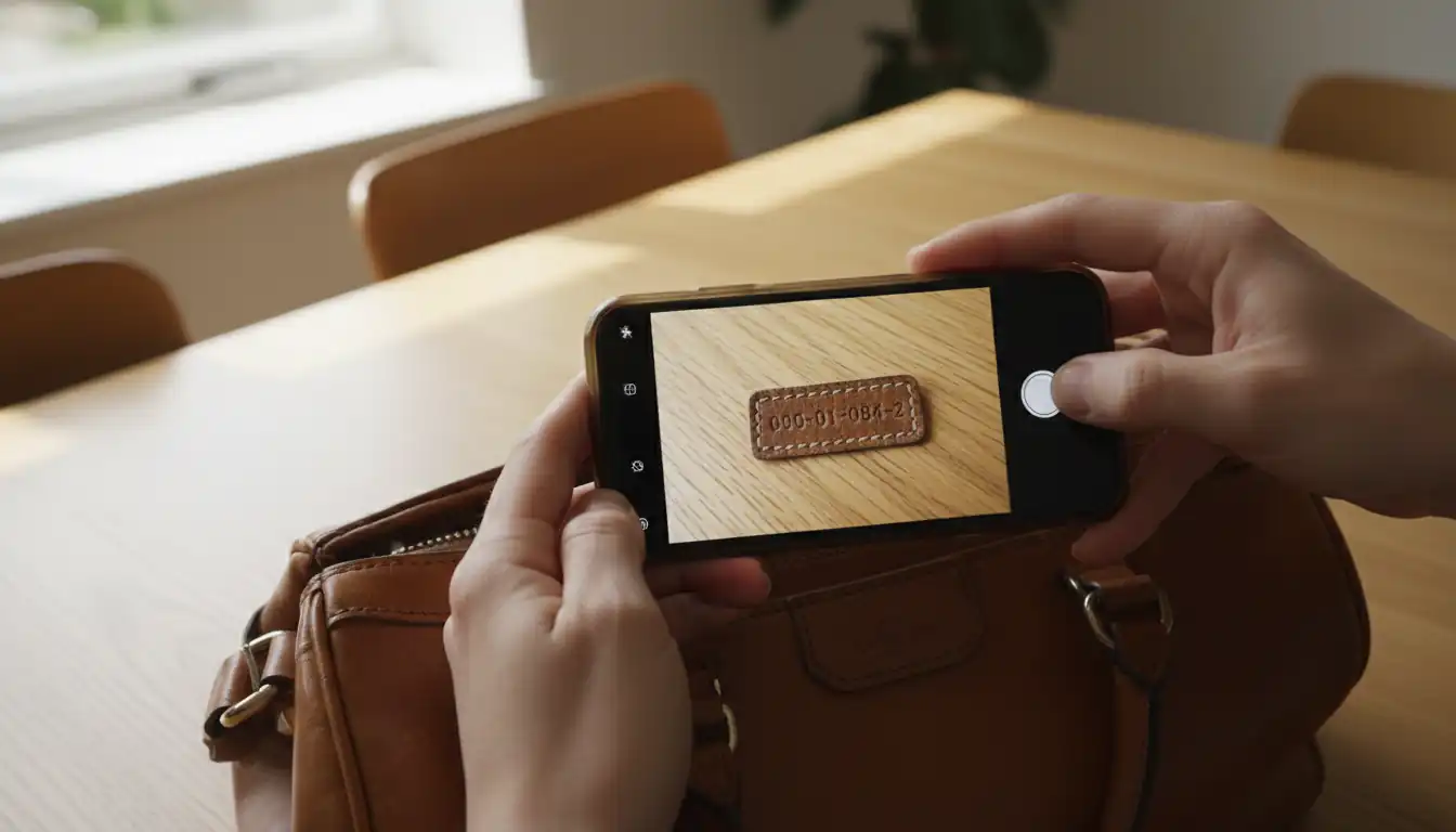 A person using a smartphone to photograph the serial number tag inside a vintage Gucci handbag.