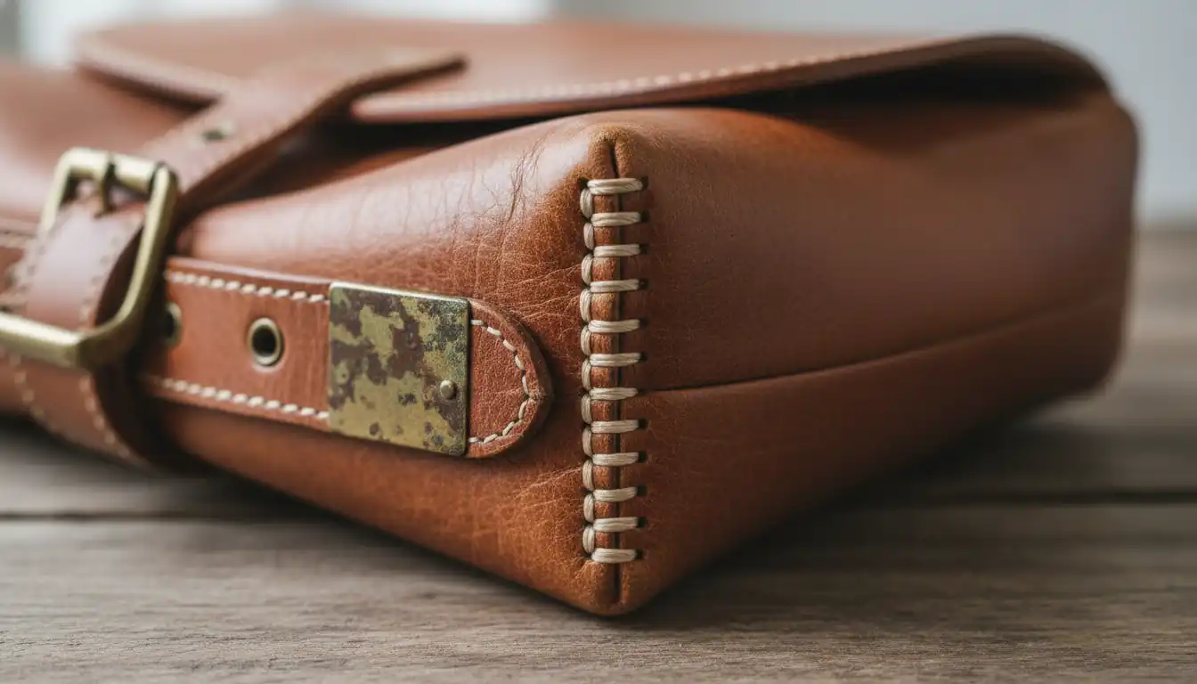 Close-up of hand-stitched leather and brass hardware on a vintage designer handbag.