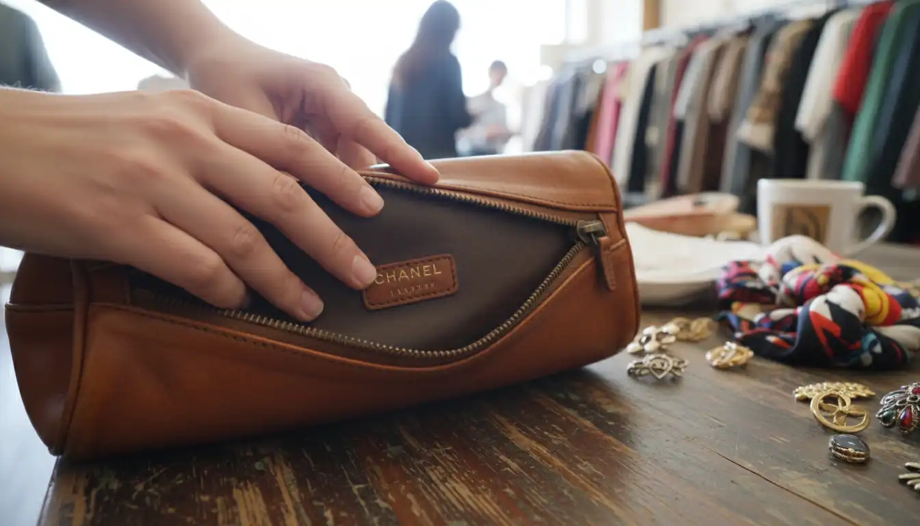 Close-up of hands inspecting the serial number tag inside a vintage leather handbag at a thrift store.