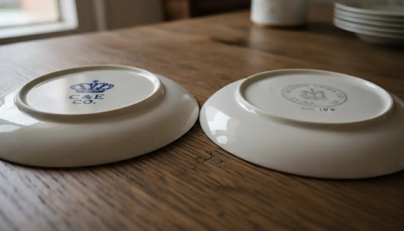Close-up of two antique porcelain plates showing different backstamps on a wooden table in natural light.