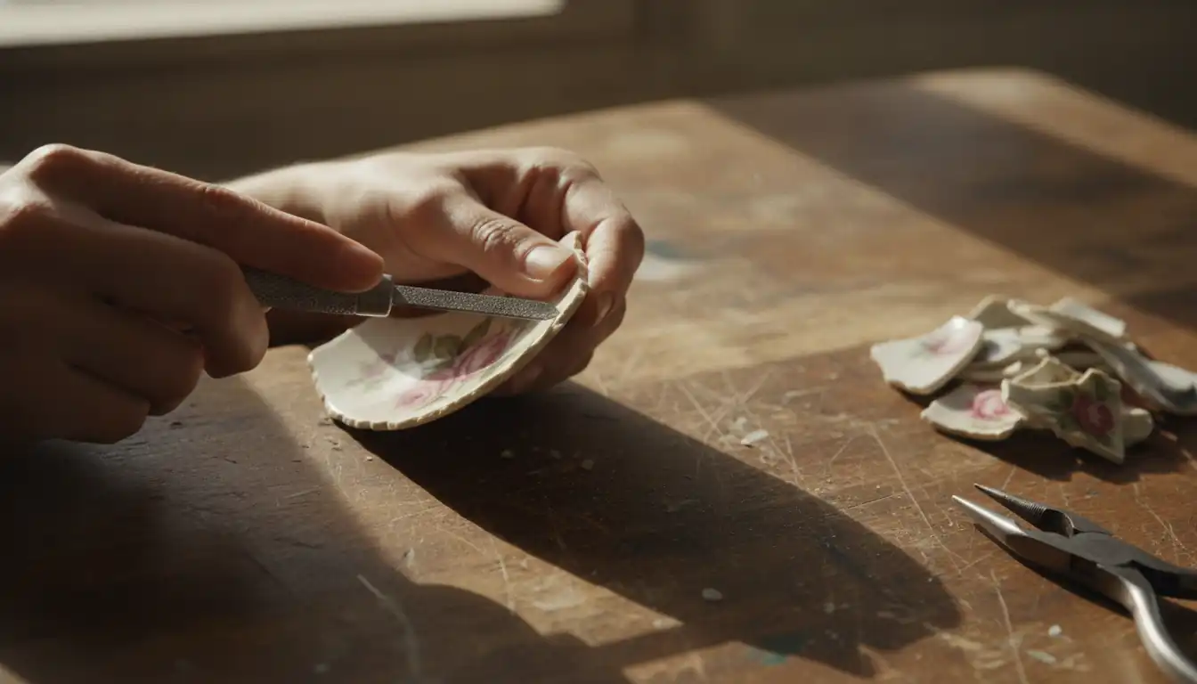 Hands filing a broken piece of vintage floral porcelain on a wooden workbench in natural light.