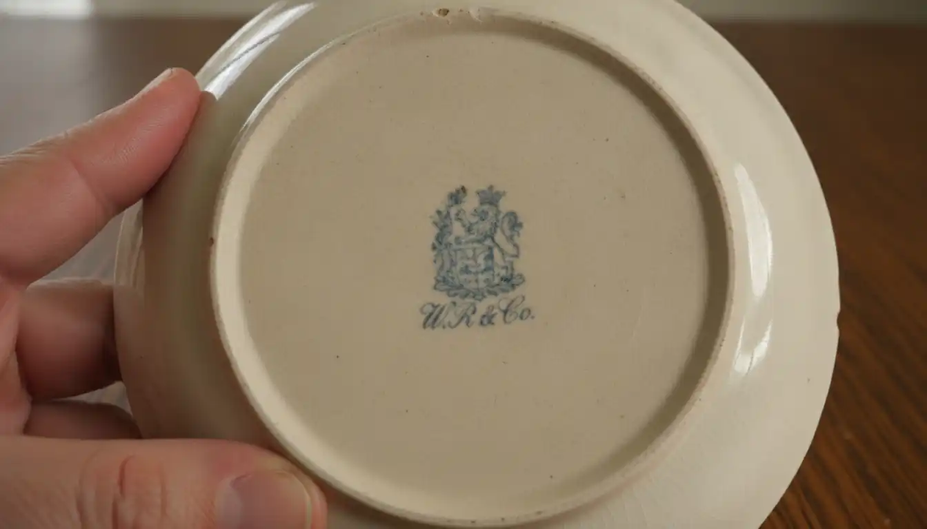 Close-up of an antique porcelain saucer showing a blue manufacturer's backstamp on the bottom.