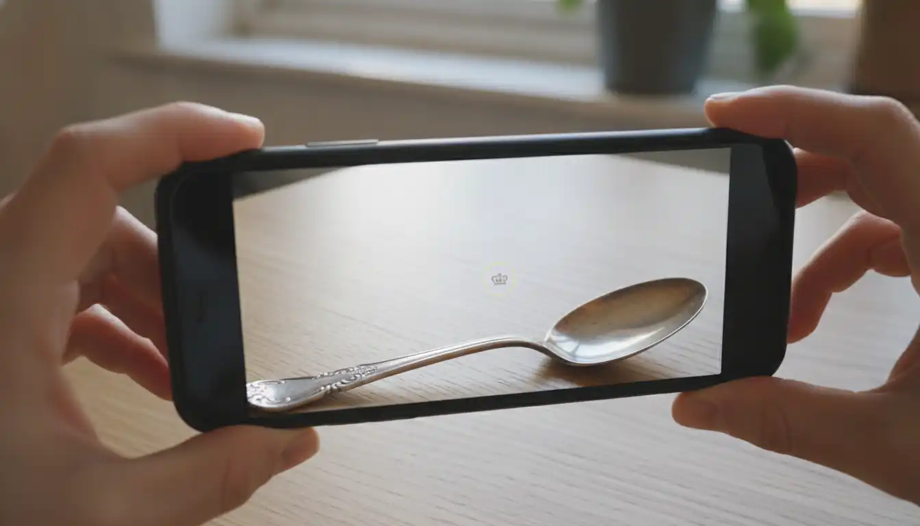 A person uses a smartphone camera to capture a close-up of a manufacturer symbol on a silver spoon.