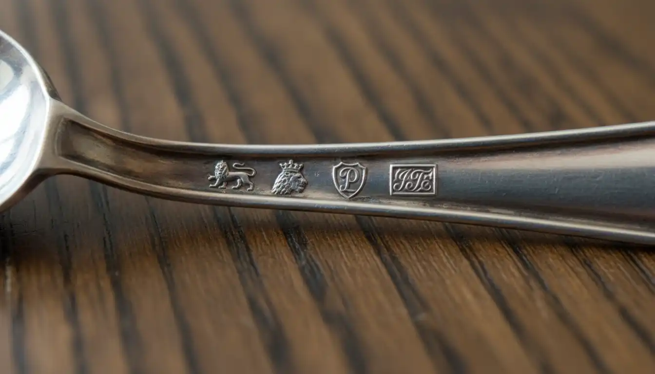 Close-up of four distinct hallmarks stamped on the back of an antique silver spoon handle.