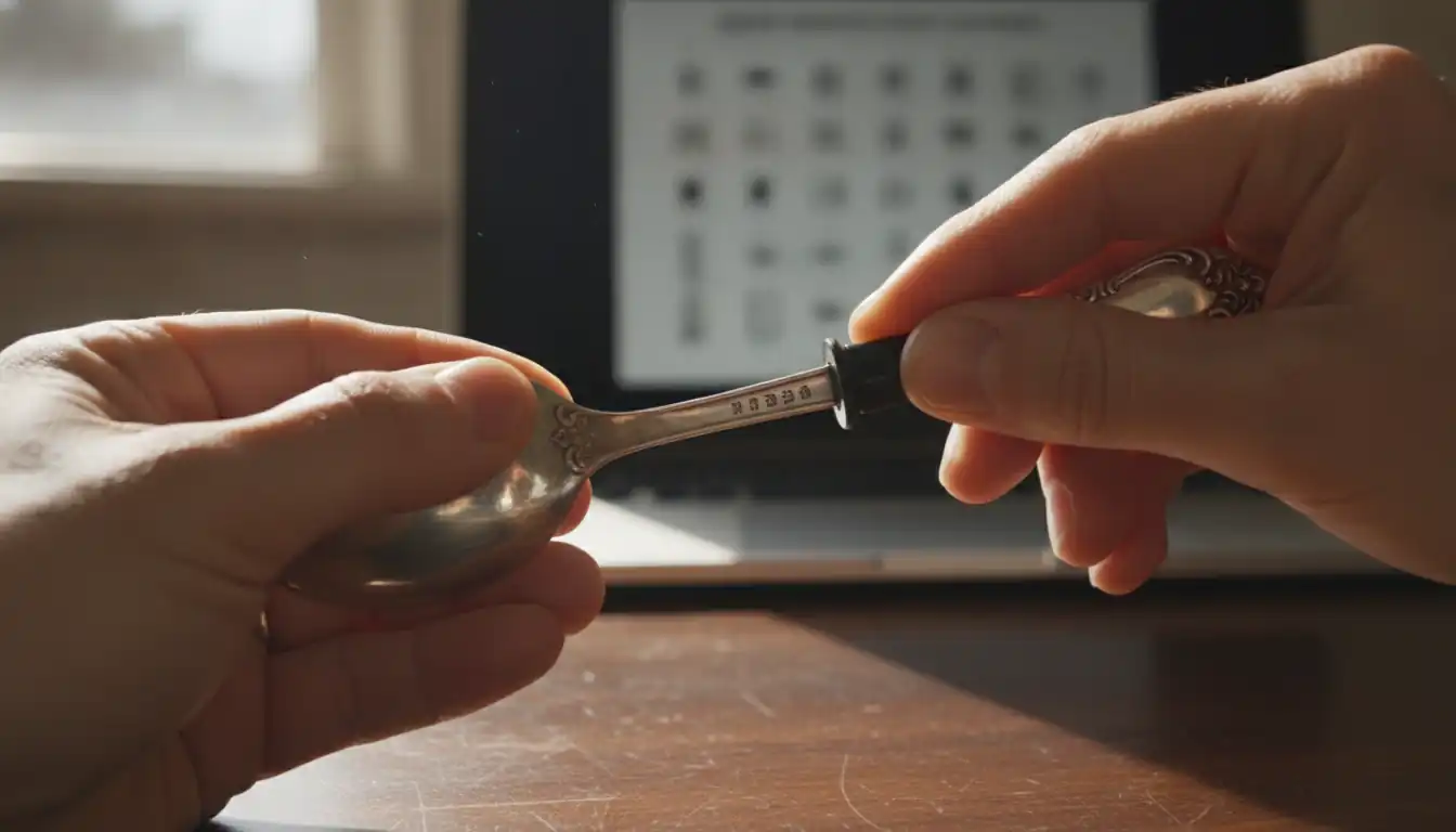 Close-up of hands using a magnifying loupe to examine hallmarks on an antique silver spoon.
