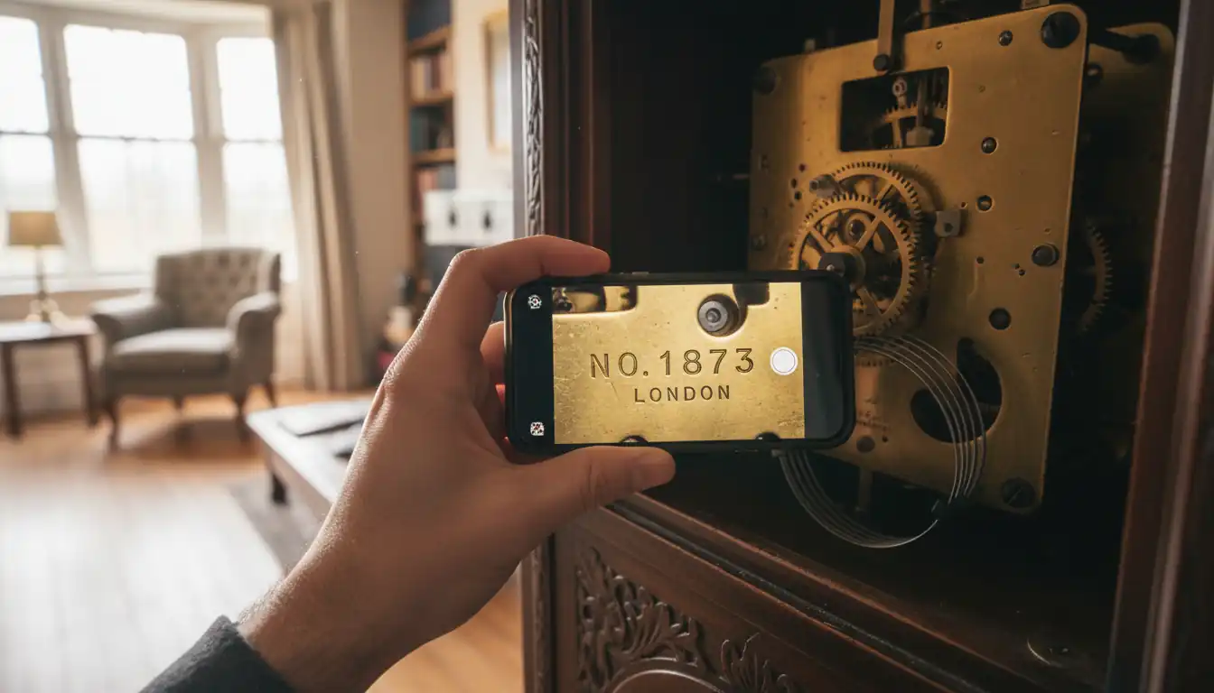 Close-up of a person using a smartphone to photograph the internal brass movement of an antique grandfather clock.