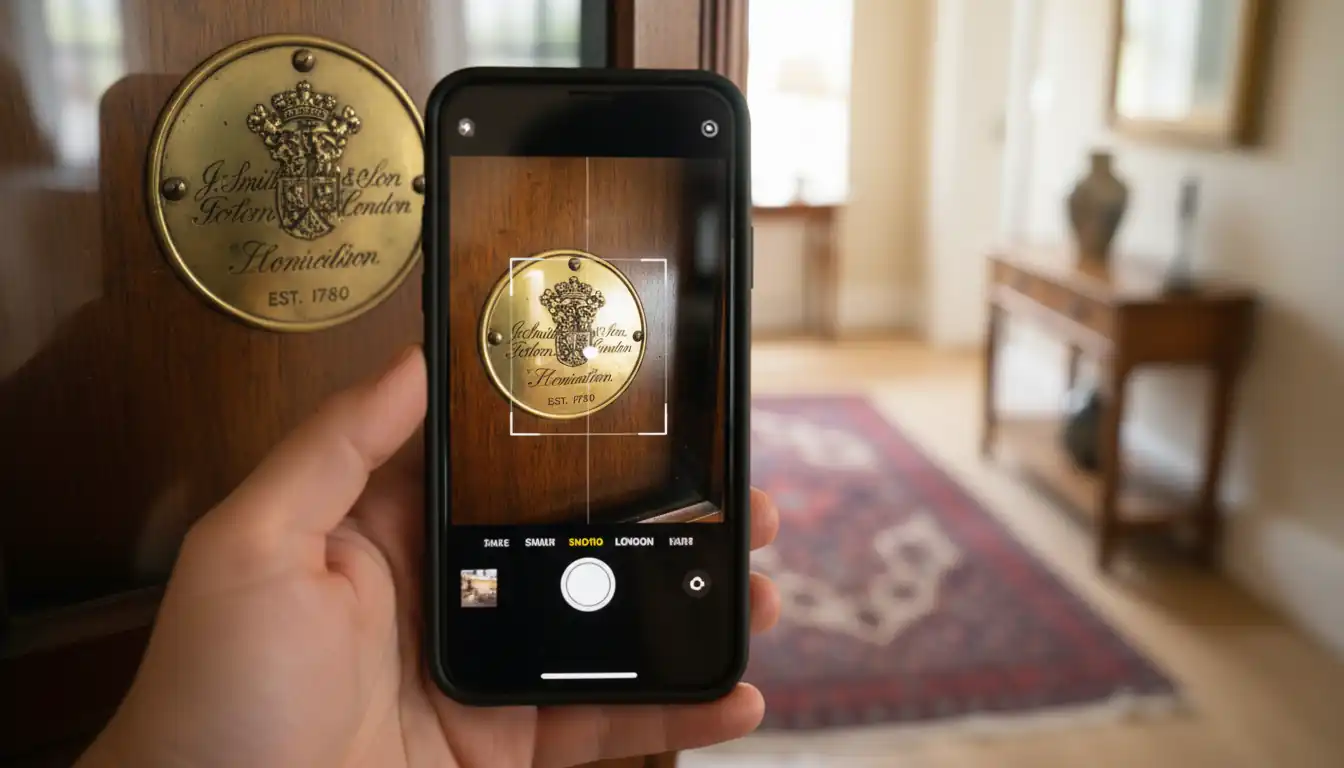 A person using a smartphone to photograph a maker's mark on an antique grandfather clock in a home.