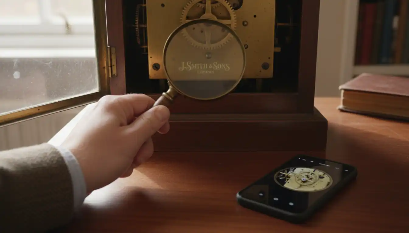 A person using a magnifying glass and a smartphone to examine maker marks on an antique grandfather clock.