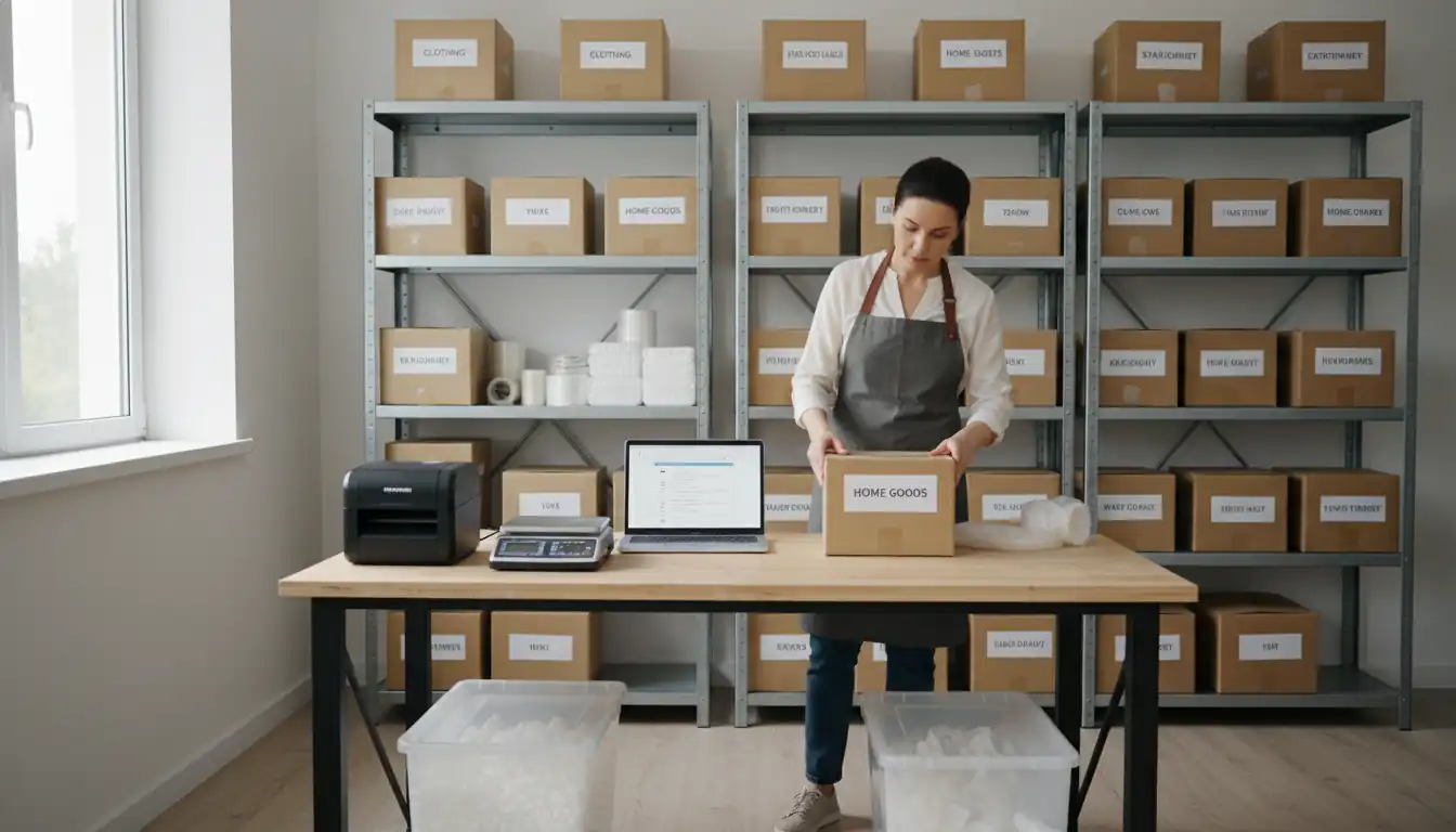 A small business owner organizing inventory and shipping supplies in a bright, professional home office workspace.