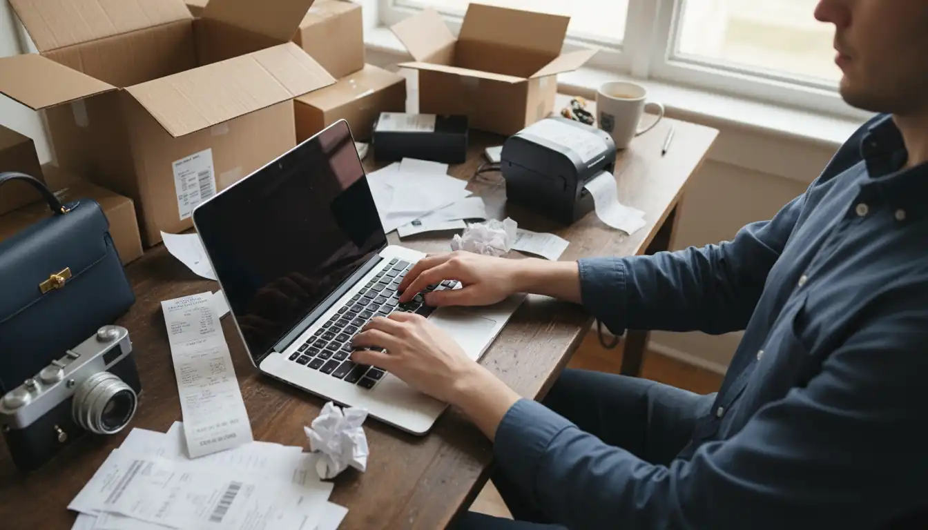A home office desk with a laptop, shipping labels, and thrifted items ready for resale.
