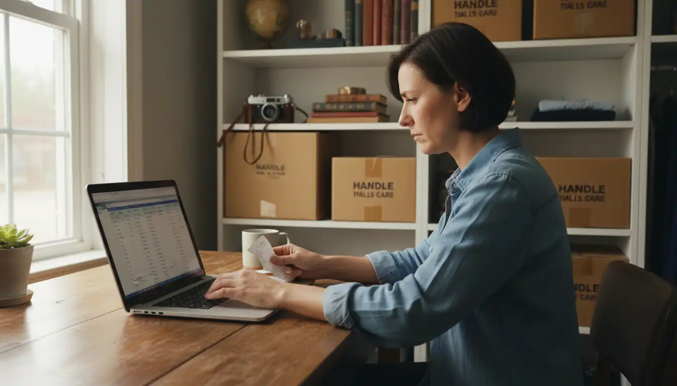 A reseller at a desk organizing receipts and a spreadsheet in a home office with natural lighting.