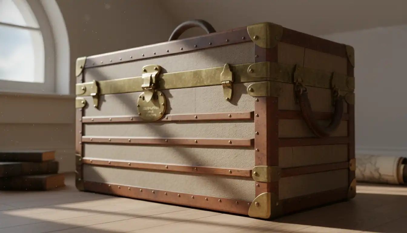 Antique luxury steamer trunk with brass hardware and wood slats in a sunlit attic corner.