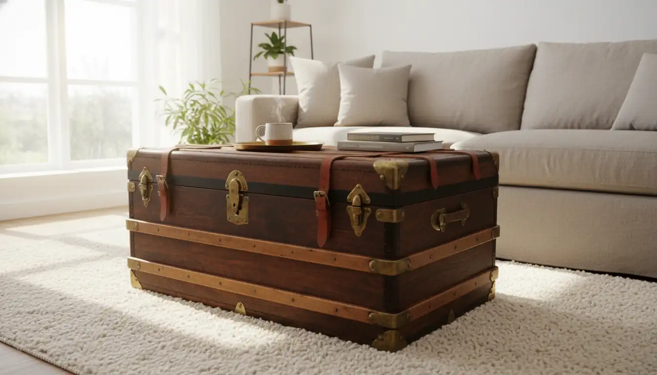 Restored antique steamer trunk used as a coffee table in a modern, sunlit living room.