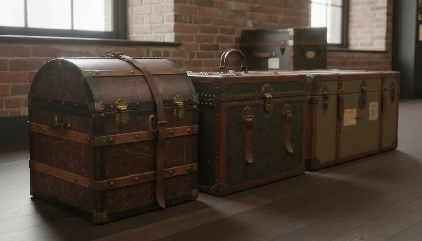 Three antique steamer trunks from different eras displayed on a wooden floor in natural window light.