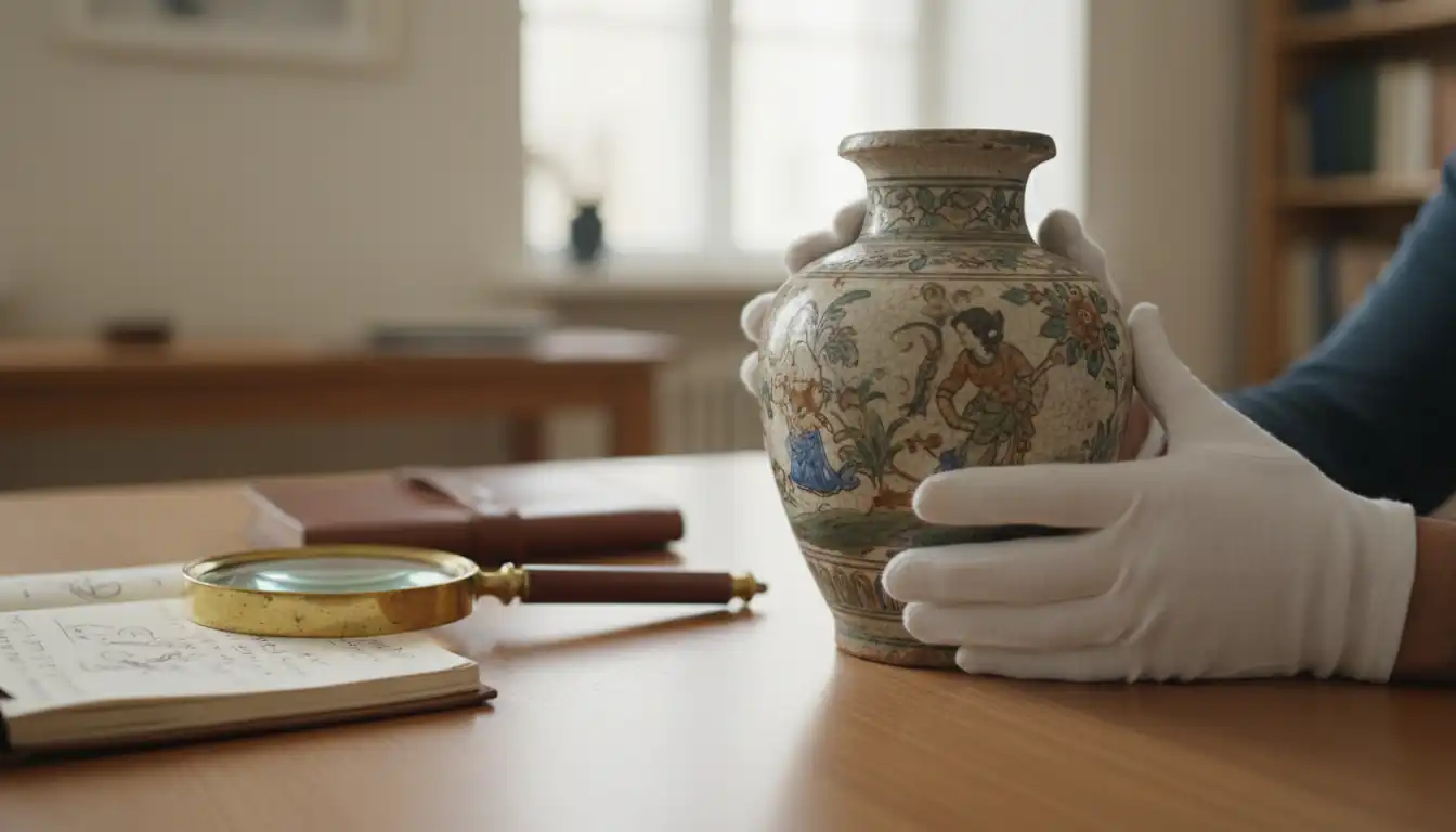Hands in white gloves inspecting an antique ceramic vase on a wooden table with a magnifying glass.