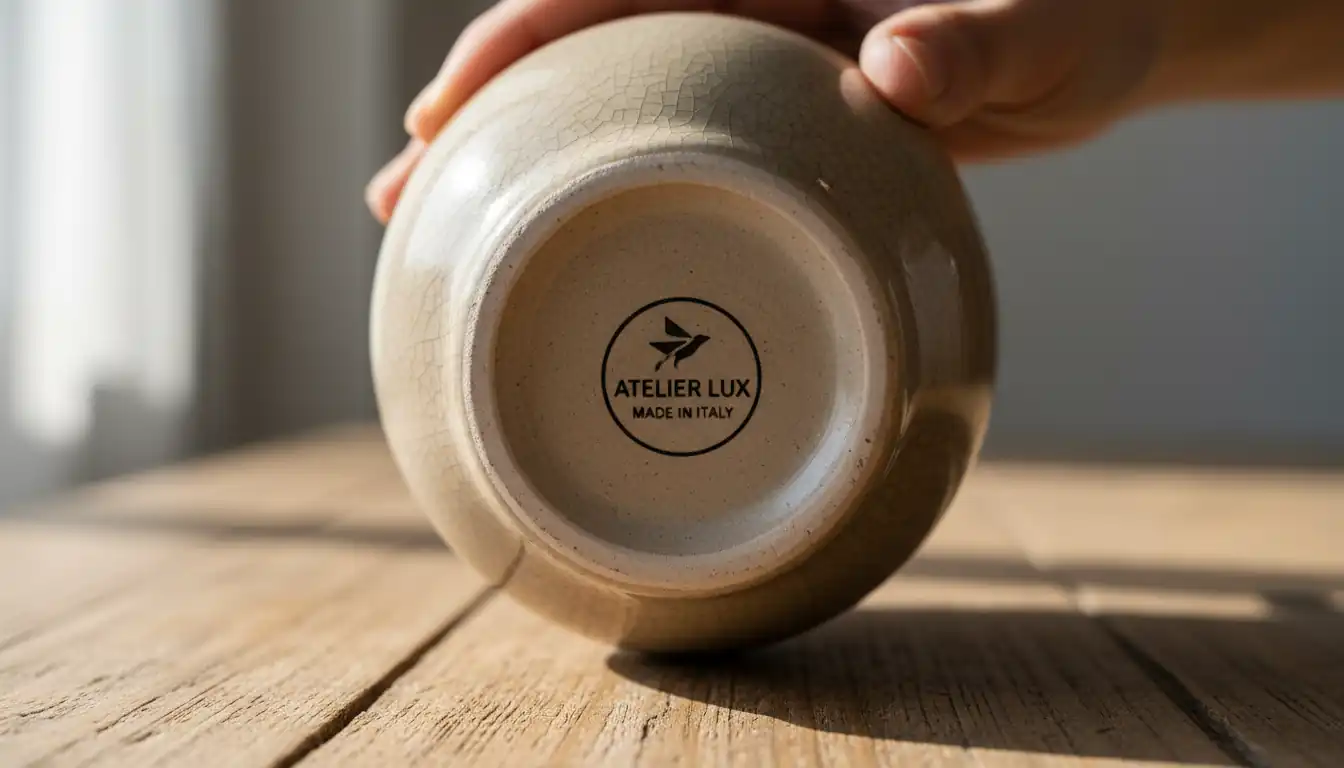 Close-up of a hand holding a ceramic vase to show a crisp, uniform pottery mark on its base.