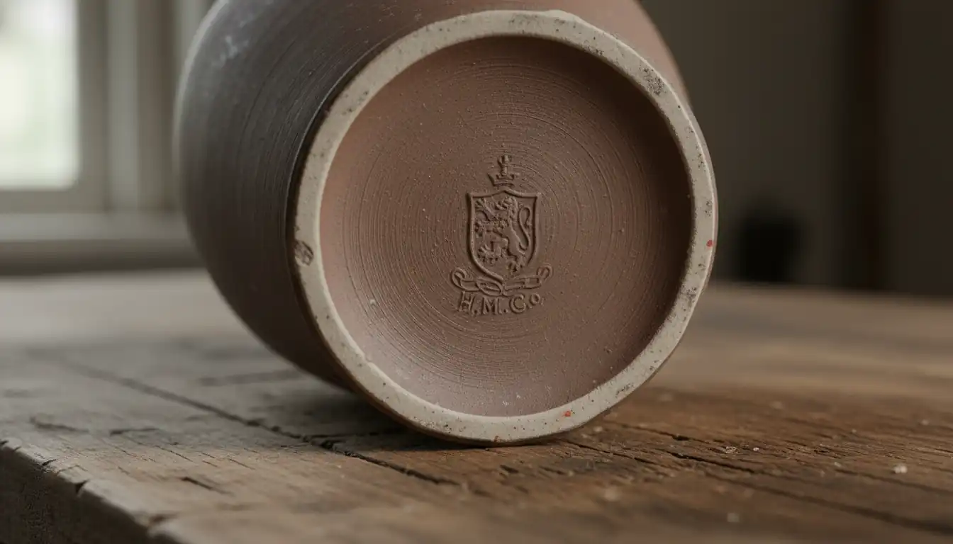 Close-up of a maker's mark stamped into the unglazed base of a vintage ceramic vase.