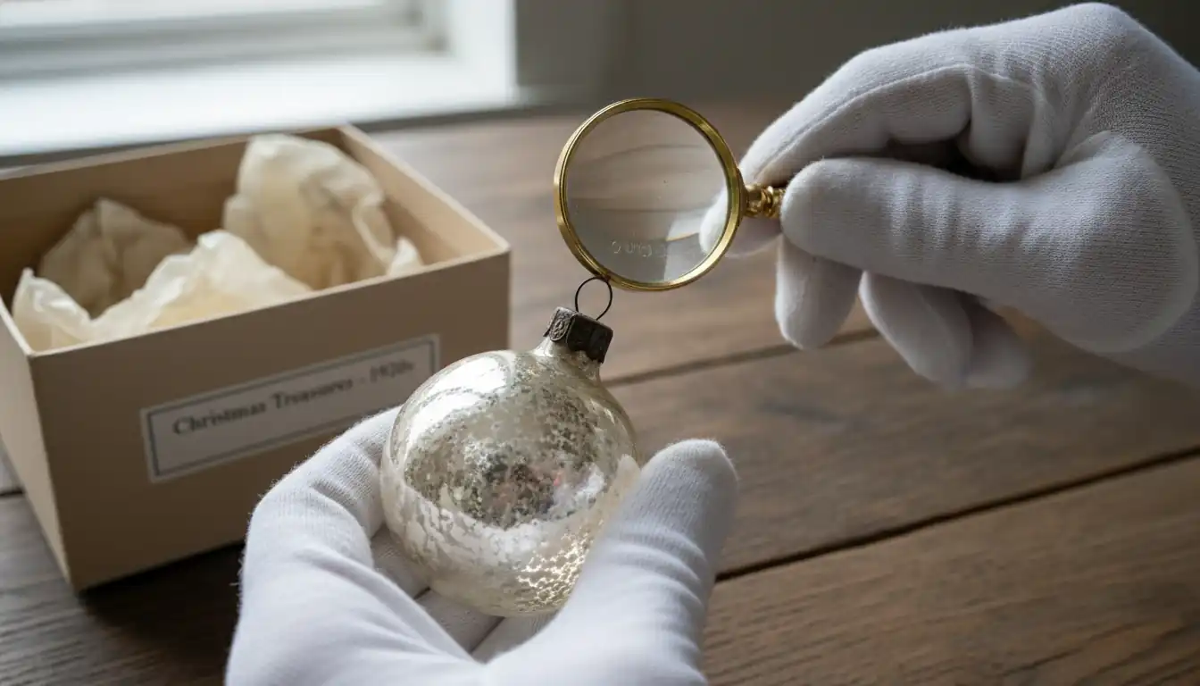 A person wearing white gloves uses a magnifying glass to inspect a vintage glass Christmas ornament on a wooden table.