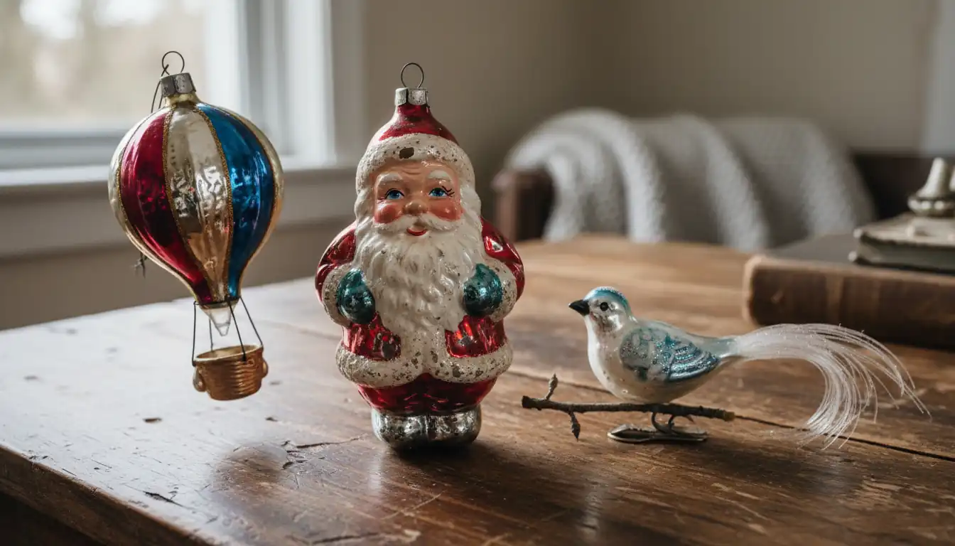 Three rare antique mercury glass Christmas ornaments, including a Santa and a bird, on a wooden table.