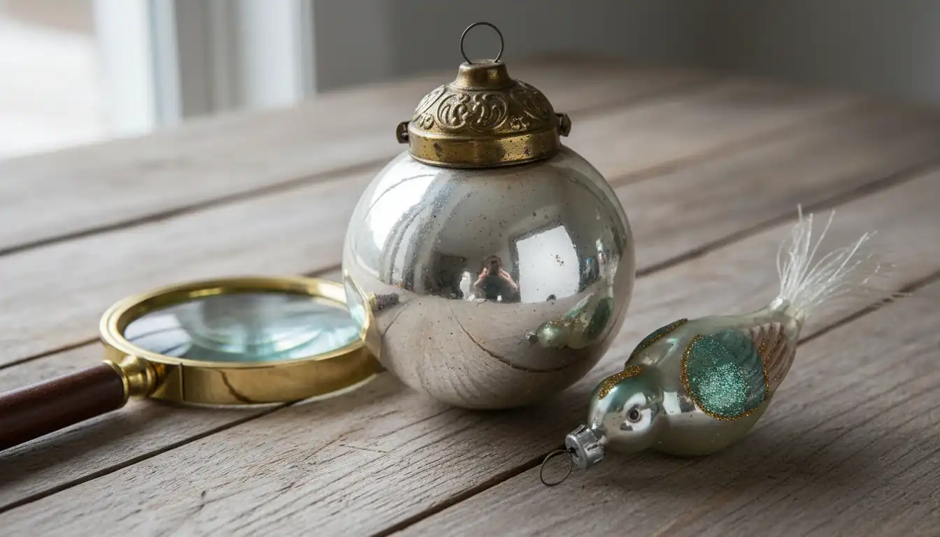 Close-up of antique mercury glass Christmas ornaments and a magnifying glass on a wooden surface.