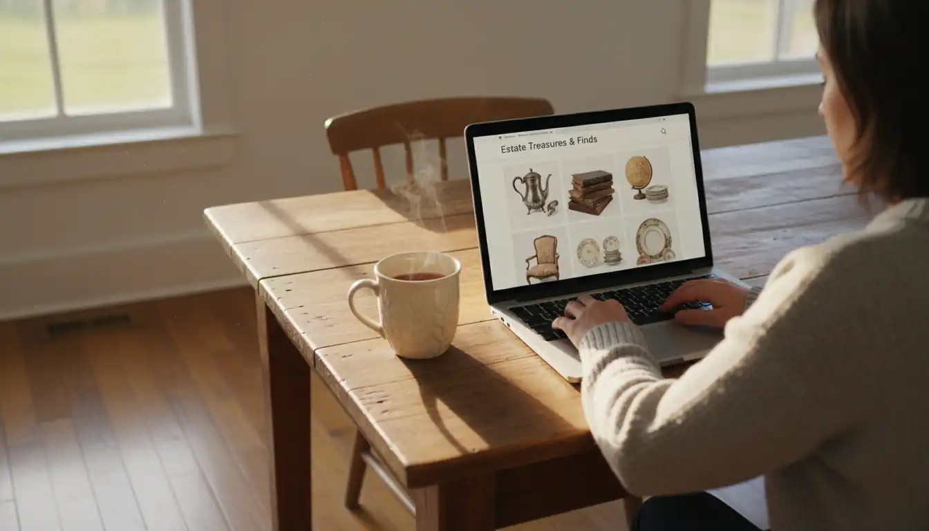 A person using a laptop at a dining table to browse local estate sale listings in the morning.