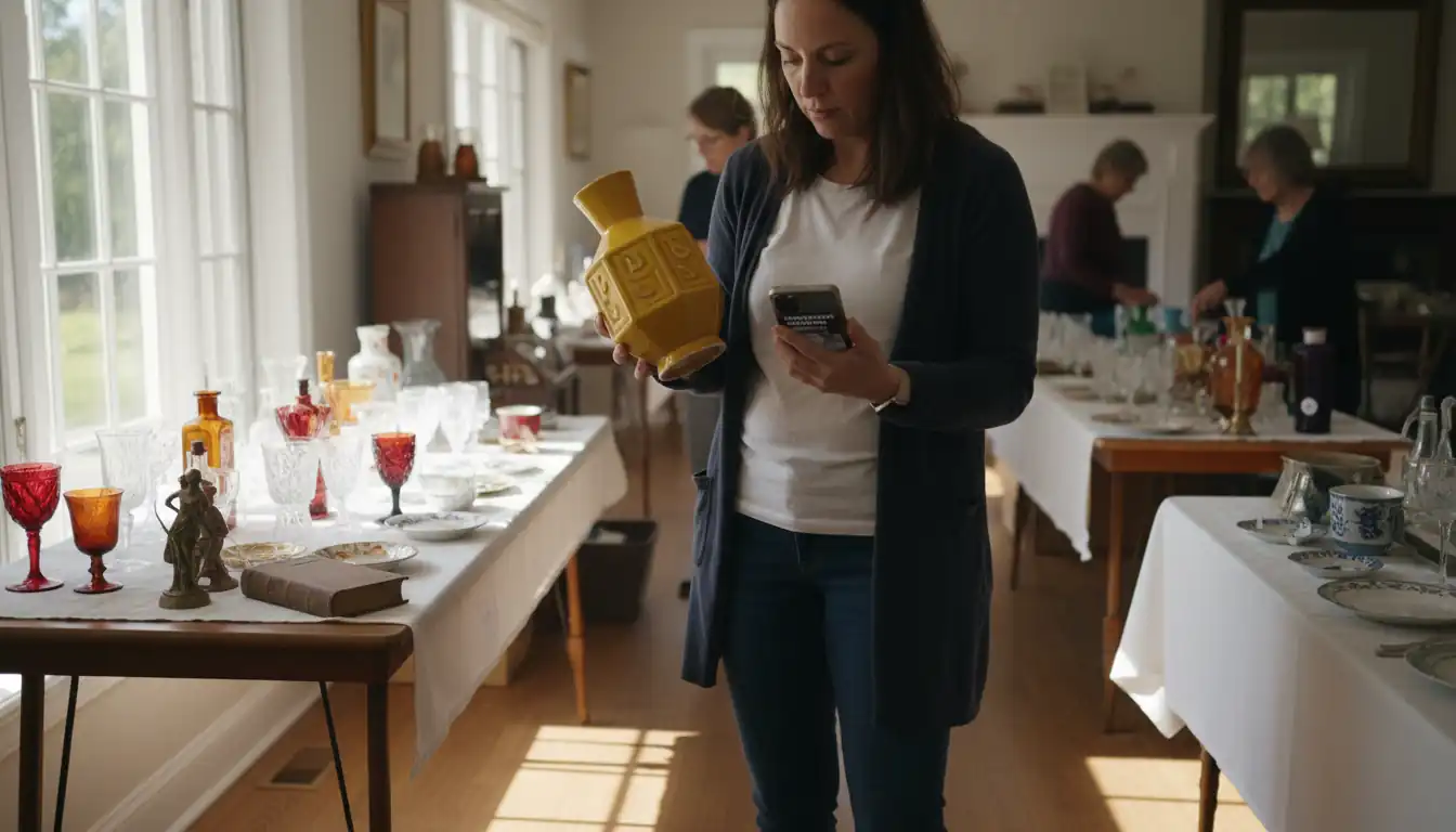 A person using a smartphone to research the value of a vintage vase at an estate sale.