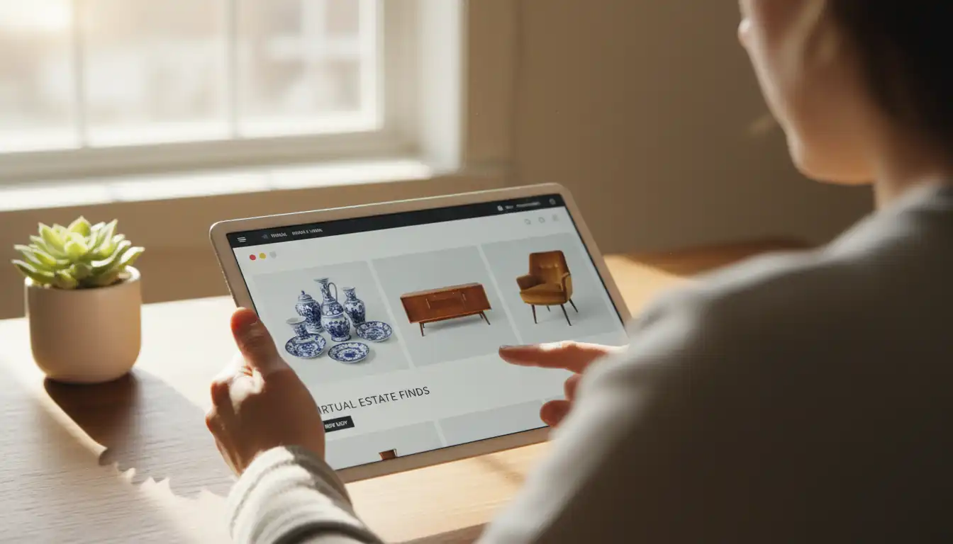 A person using a tablet to browse an online estate sale auction in a sunlit home office.